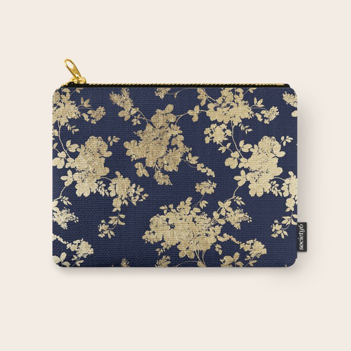 Elegant vintage navy blue faux gold flowers Carry All Pouch Gallery Image 1