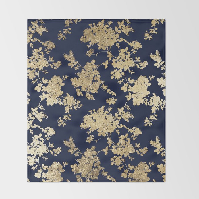 Elegant vintage navy blue faux gold flowers Throw Blanket Gallery Image 2