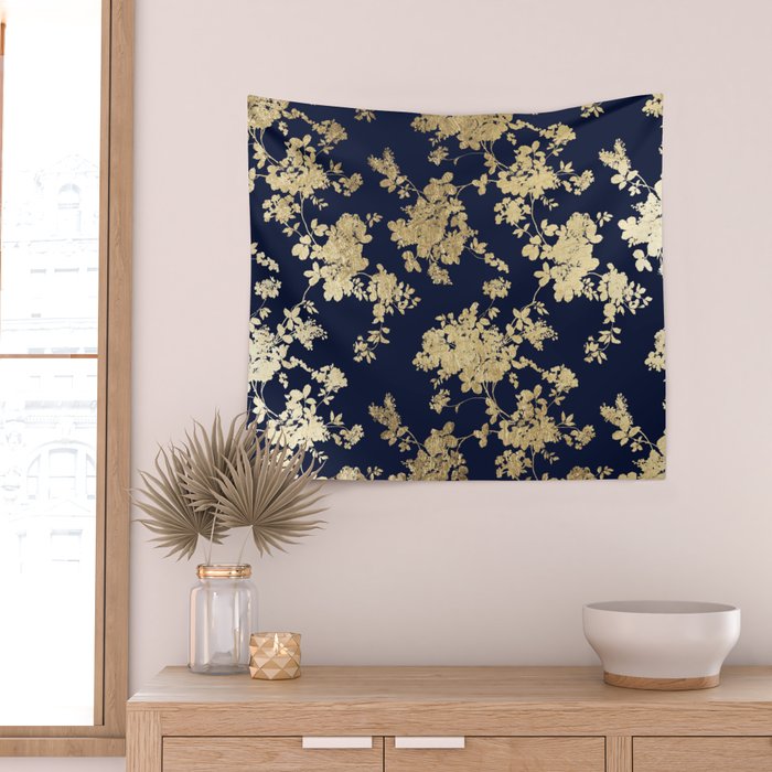 Elegant vintage navy blue faux gold flowers Wall Tapestry Gallery Image 2