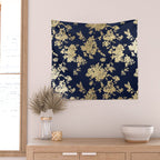 Elegant vintage navy blue faux gold flowers Wall Tapestry Gallery Image 2