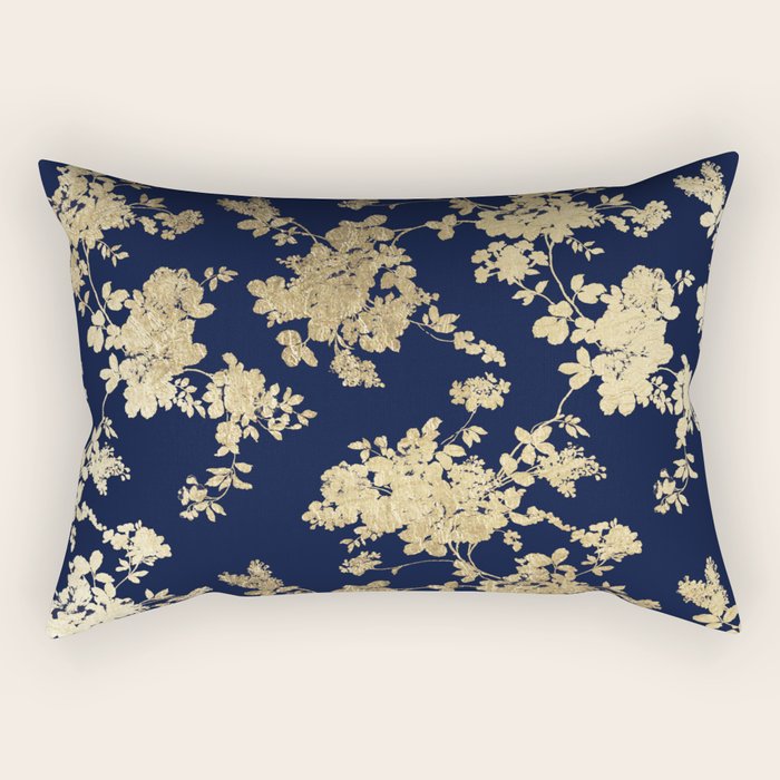 Elegant vintage navy blue faux gold flowers Rectangular Pillow Gallery Image 1