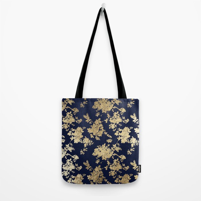 Elegant vintage navy blue faux gold flowers Tote Bag Gallery Image 2