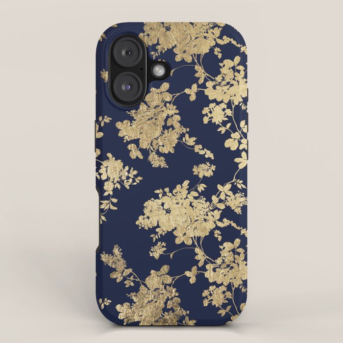 Elegant vintage navy blue faux gold flowers iPhone Case Gallery Image 1