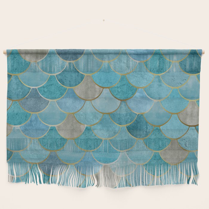 Moroccan Fish Scale Mermaid Pattern, Teal Blue and Gold Wall Hanging Gallery Image 1