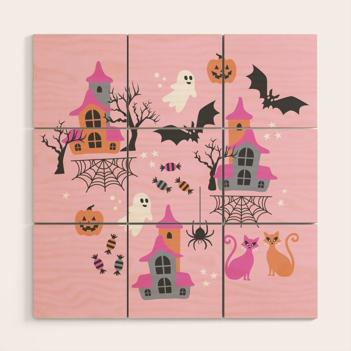 Pink Halloween pastel spooky party Wood Wall Art Gallery Image 1