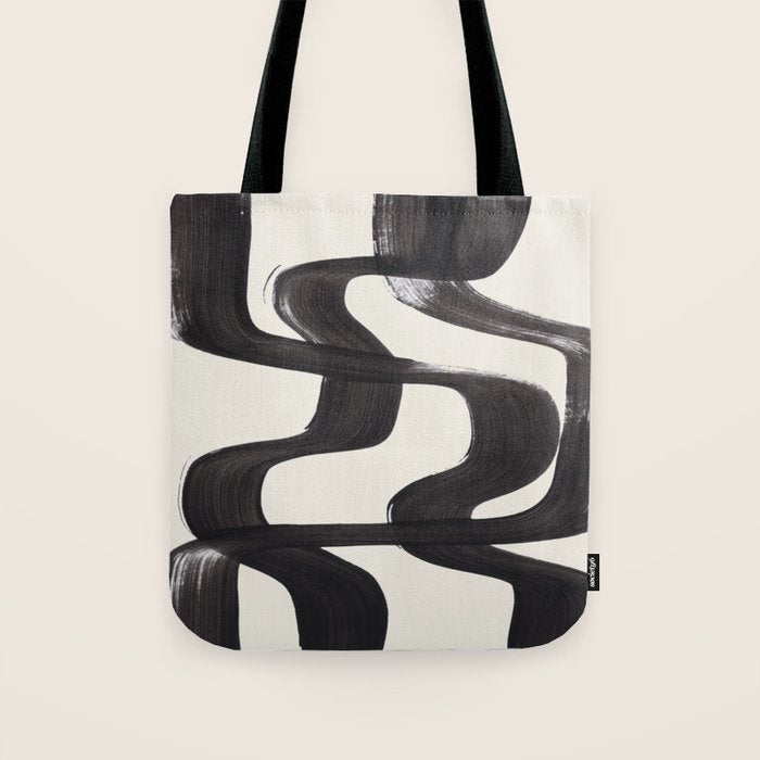 Mid Century Modern Minimalist Abstract Art Brush Strokes Black & White Ink Art Ripple Lines Tote Bag Gallery Image 1