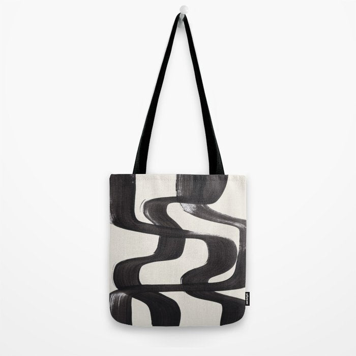 Mid Century Modern Minimalist Abstract Art Brush Strokes Black & White Ink Art Ripple Lines Tote Bag Gallery Image 2