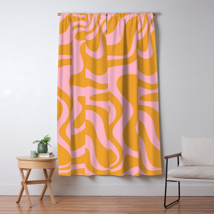 Retro Liquid Swirl Abstract Pattern Pink and Mustard Marigold Window Curtain Gallery Image 5