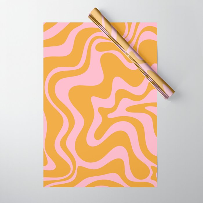 Retro Liquid Swirl Abstract Pattern Pink and Mustard Marigold Wrapping Paper Gallery Image 1