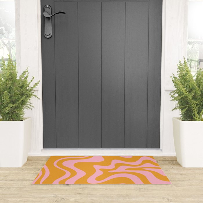 Retro Liquid Swirl Abstract Pattern Pink and Mustard Marigold Welcome Mat Gallery Image 3