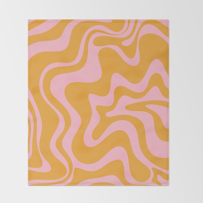 Retro Liquid Swirl Abstract Pattern Pink and Mustard Marigold Throw Blanket Gallery Image 2