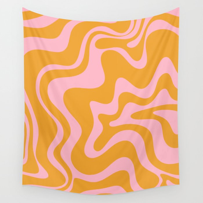Retro Liquid Swirl Abstract Pattern Pink and Mustard Marigold Wall Tapestry Gallery Image 4