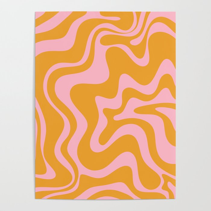 Retro Liquid Swirl Abstract Pattern Pink and Mustard Marigold Poster Gallery Image 1