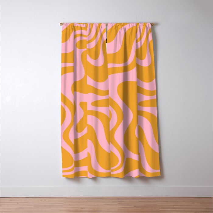 Retro Liquid Swirl Abstract Pattern Pink and Mustard Marigold Window Curtain Gallery Image 3