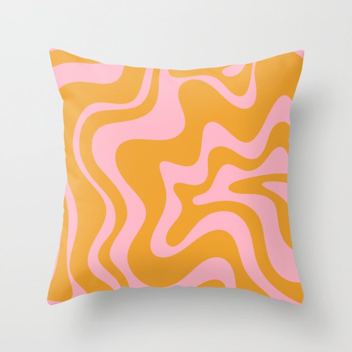 Retro Liquid Swirl Abstract Pattern Pink and Mustard Marigold Throw Pillow Gallery Image 1