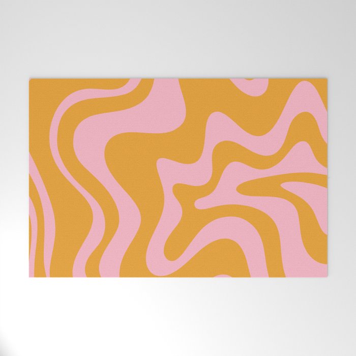 Retro Liquid Swirl Abstract Pattern Pink and Mustard Marigold Welcome Mat Gallery Image 1