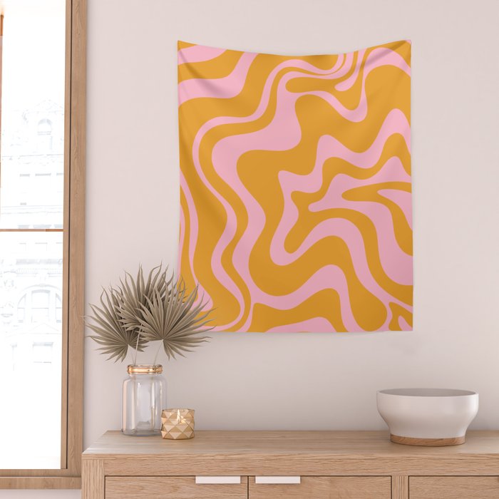 Retro Liquid Swirl Abstract Pattern Pink and Mustard Marigold Wall Tapestry Gallery Image 2