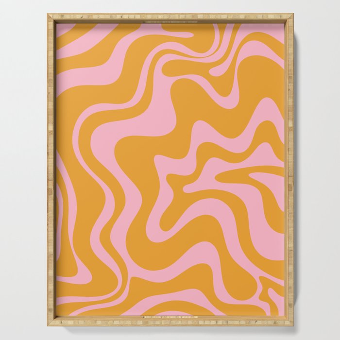 Retro Liquid Swirl Abstract Pattern Pink and Mustard Marigold Serving Tray Gallery Image 1
