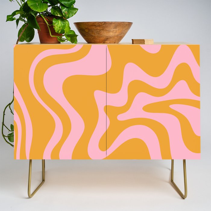 Retro Liquid Swirl Abstract Pattern Pink and Mustard Marigold Credenza Gallery Image 1