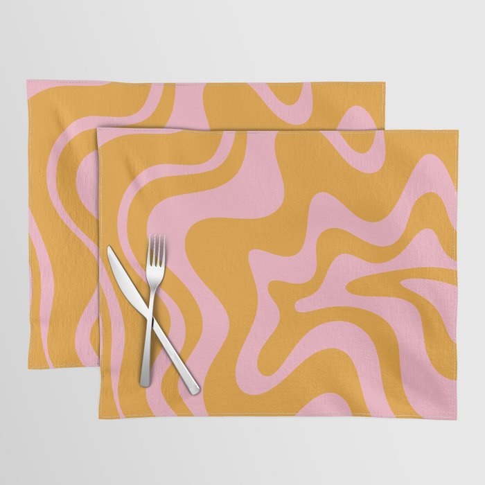 Retro Liquid Swirl Abstract Pattern Pink and Mustard Marigold Placemat Gallery Image 1