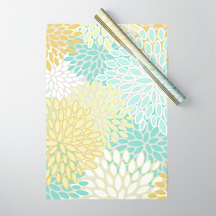 Floral Prints, Mint Green and Yellow, Modern Print Art Wrapping Paper Gallery Image 1