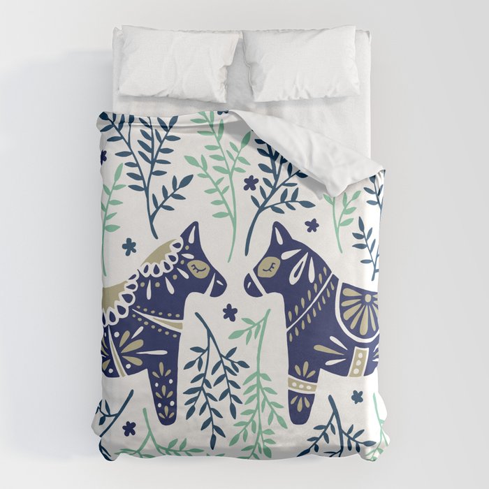 Swedish Dala Horse - Navy & Mint Palette Duvet Cover Gallery Image 1