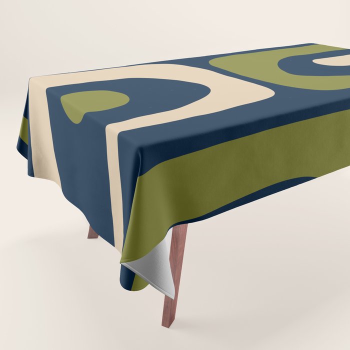 Mid Century Modern Retro Abstract Minimalist Piquet Pattern in Navy Blue and Olive Green Tablecloth Gallery Image 1