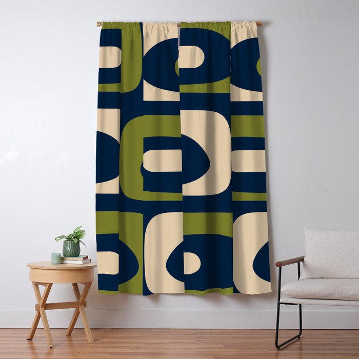 Mid Century Modern Retro Abstract Minimalist Piquet Pattern in Navy Blue and Olive Green Window Curtain Gallery Image 5