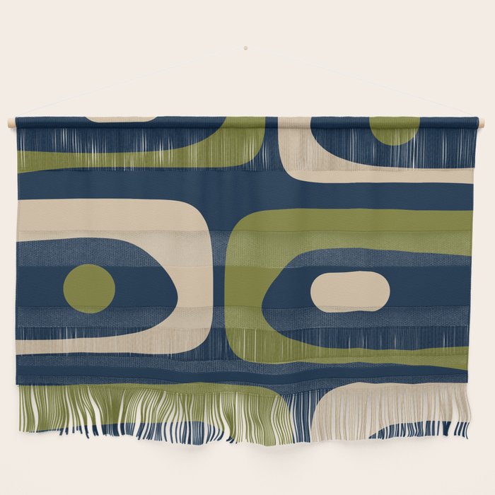 Mid Century Modern Retro Abstract Minimalist Piquet Pattern in Navy Blue and Olive Green Wall Hanging Gallery Image 1