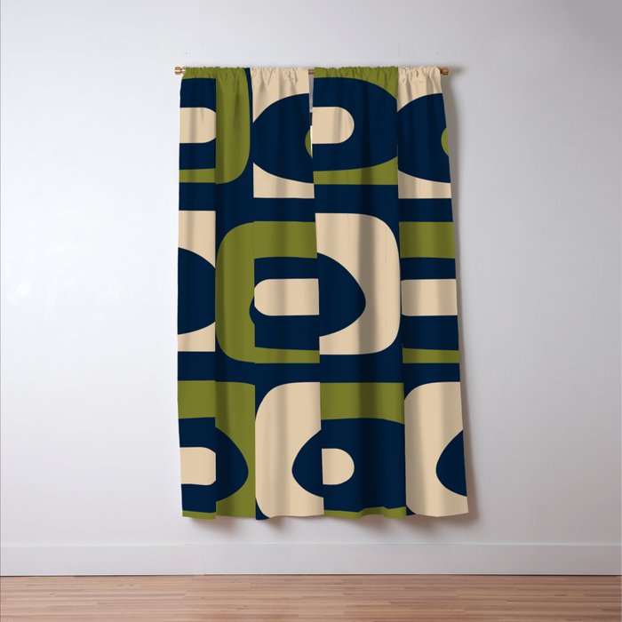 Mid Century Modern Retro Abstract Minimalist Piquet Pattern in Navy Blue and Olive Green Window Curtain Gallery Image 3