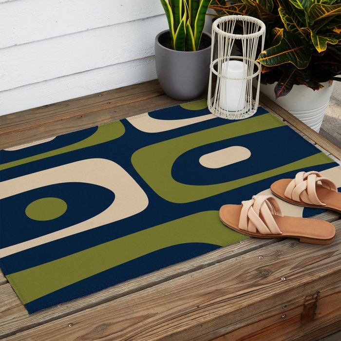 Mid Century Modern Retro Abstract Minimalist Piquet Pattern in Navy Blue and Olive Green Outdoor Rug Gallery Image 2