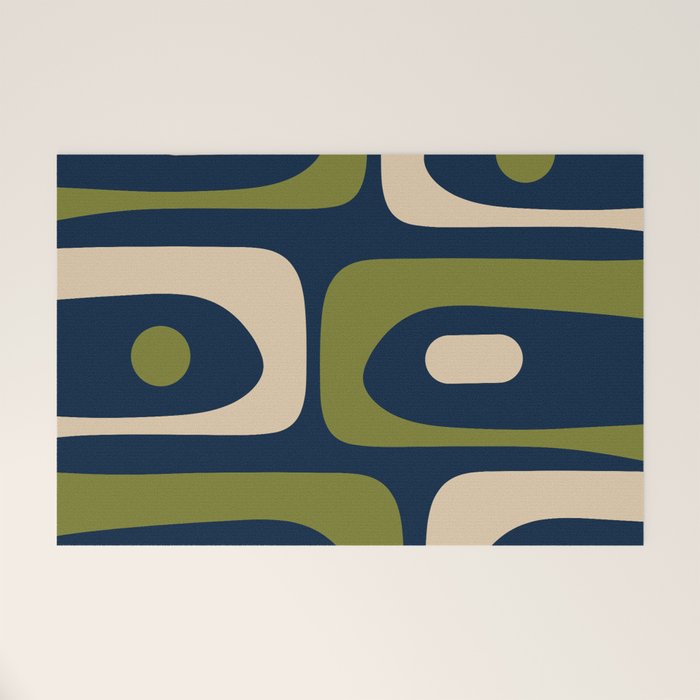 Mid Century Modern Retro Abstract Minimalist Piquet Pattern in Navy Blue and Olive Green Welcome Mat Gallery Image 1