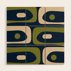 Mid Century Modern Retro Abstract Minimalist Piquet Pattern in Navy Blue and Olive Green Wood Wall Art Gallery Image 1