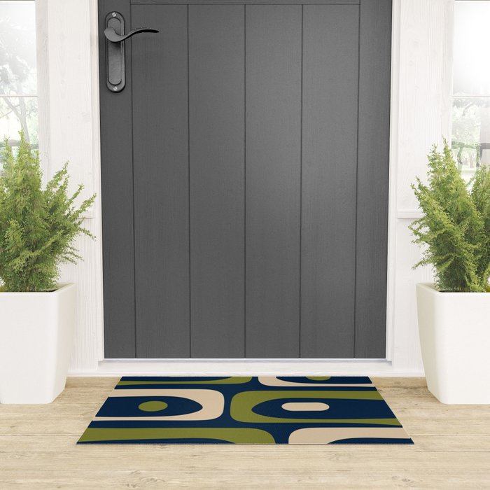 Mid Century Modern Retro Abstract Minimalist Piquet Pattern in Navy Blue and Olive Green Welcome Mat Gallery Image 3