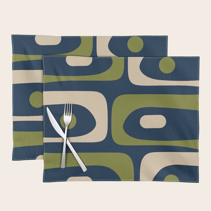Mid Century Modern Retro Abstract Minimalist Piquet Pattern in Navy Blue and Olive Green Placemat Gallery Image 1