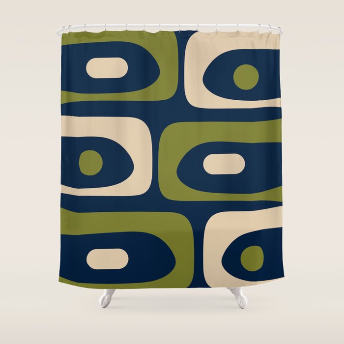 Mid Century Modern Retro Abstract Minimalist Piquet Pattern in Navy Blue and Olive Green Shower Curtain Gallery Image 1