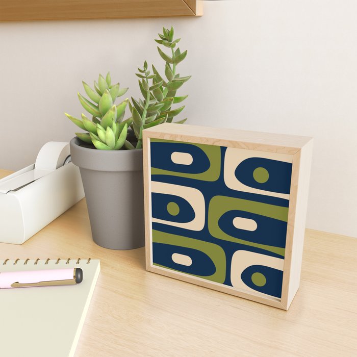Mid Century Modern Retro Abstract Minimalist Piquet Pattern in Navy Blue and Olive Green Mini Art Print Gallery Image 2