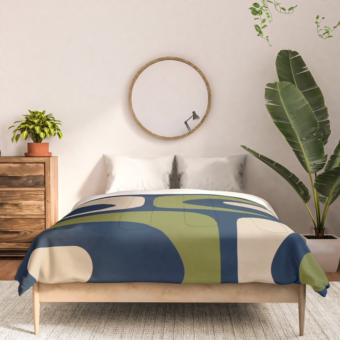 Mid Century Modern Retro Abstract Minimalist Piquet Pattern in Navy Blue and Olive Green Comforter Gallery Image 3
