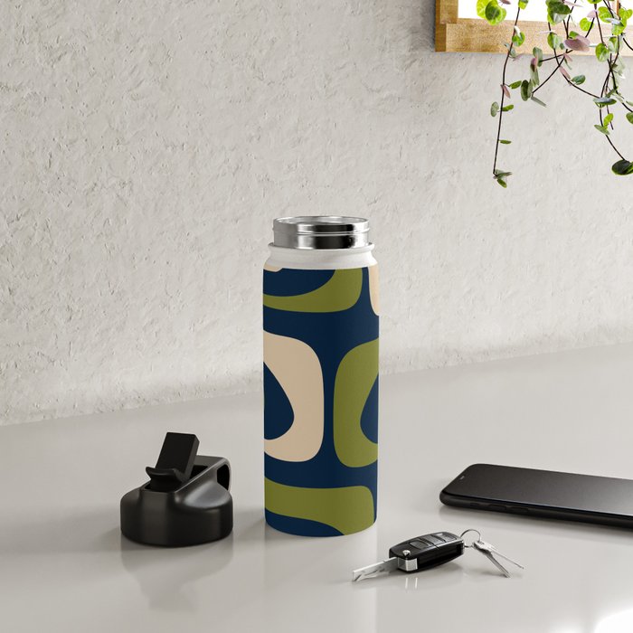 Mid Century Modern Retro Abstract Minimalist Piquet Pattern in Navy Blue and Olive Green Water Bottle Gallery Image 4