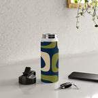Mid Century Modern Retro Abstract Minimalist Piquet Pattern in Navy Blue and Olive Green Water Bottle Gallery Image 4