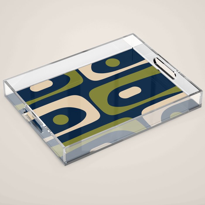 Mid Century Modern Retro Abstract Minimalist Piquet Pattern in Navy Blue and Olive Green Acrylic Tray Gallery Image 1