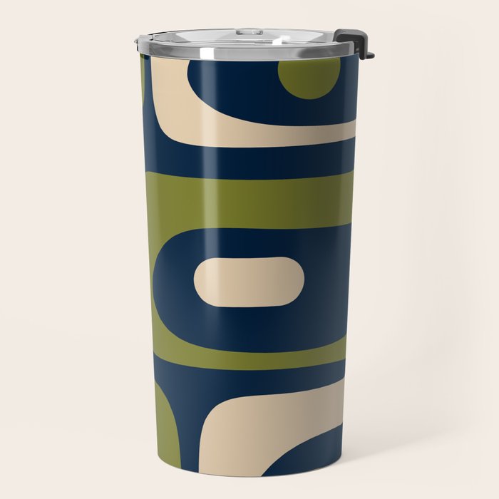 Mid Century Modern Retro Abstract Minimalist Piquet Pattern in Navy Blue and Olive Green Travel Mug Gallery Image 2