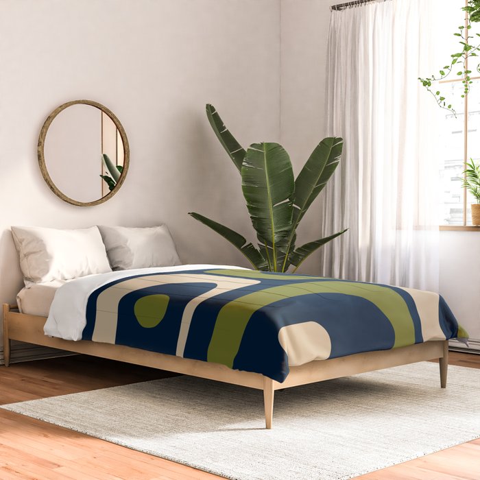Mid Century Modern Retro Abstract Minimalist Piquet Pattern in Navy Blue and Olive Green Comforter Gallery Image 2