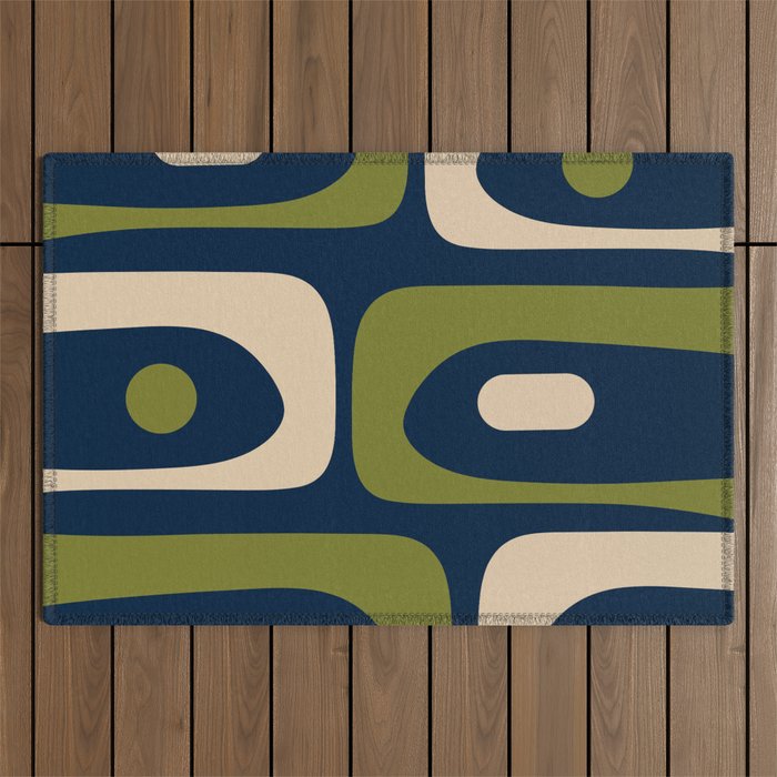Mid Century Modern Retro Abstract Minimalist Piquet Pattern in Navy Blue and Olive Green Outdoor Rug Gallery Image 1