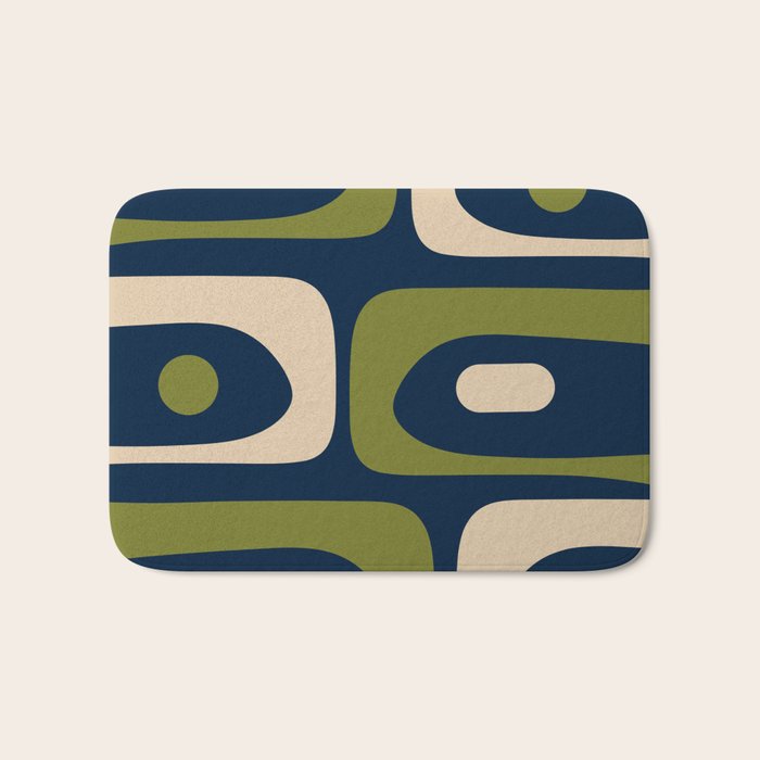 Mid Century Modern Retro Abstract Minimalist Piquet Pattern in Navy Blue and Olive Green Bath Mat Gallery Image 1