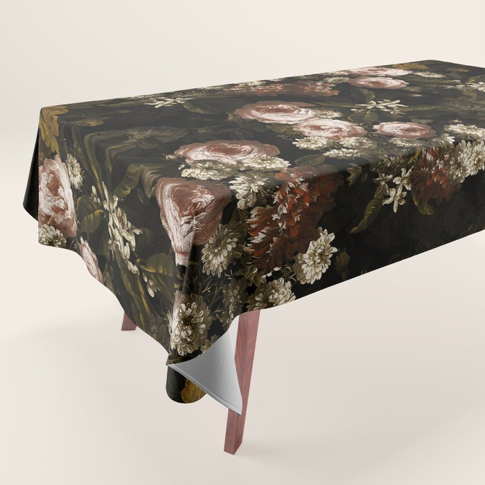 Antique Botanical Roses And Chamomile Midnight Sepia Garden Tablecloth Gallery Image 1