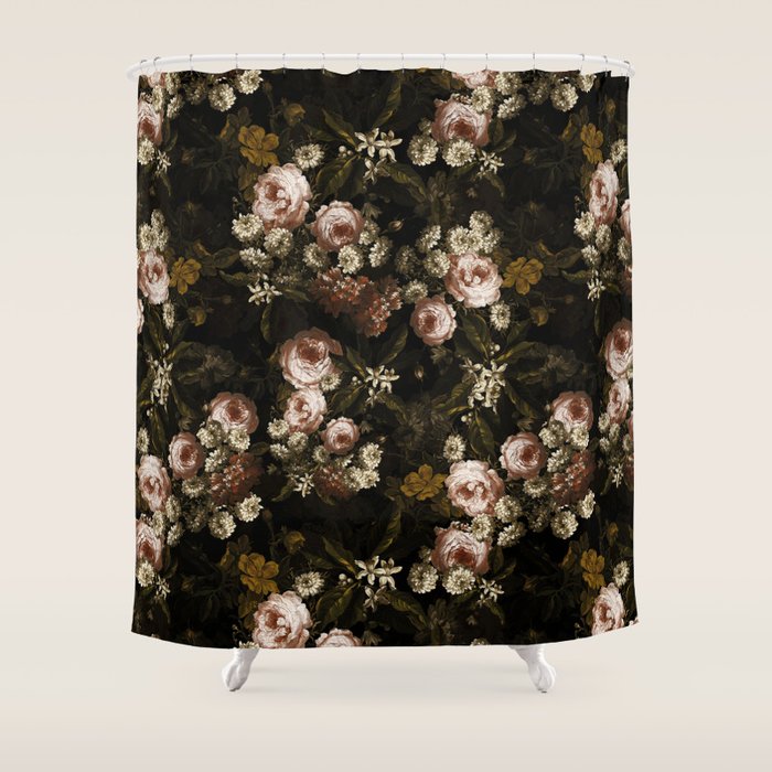Antique Botanical Roses And Chamomile Midnight Sepia Garden Shower Curtain Gallery Image 1