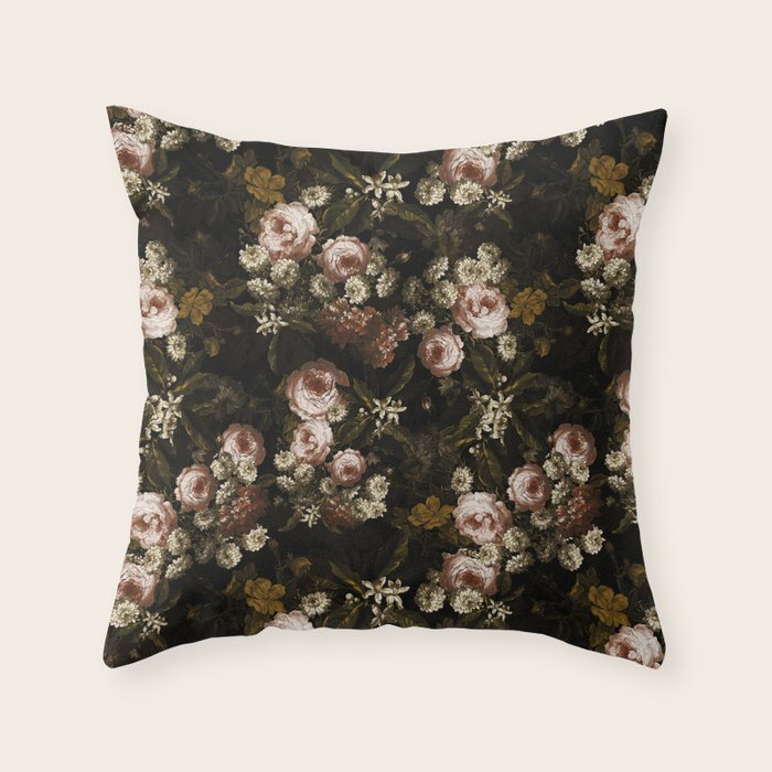 Antique Botanical Roses And Chamomile Midnight Sepia Garden Throw Pillow Gallery Image 1