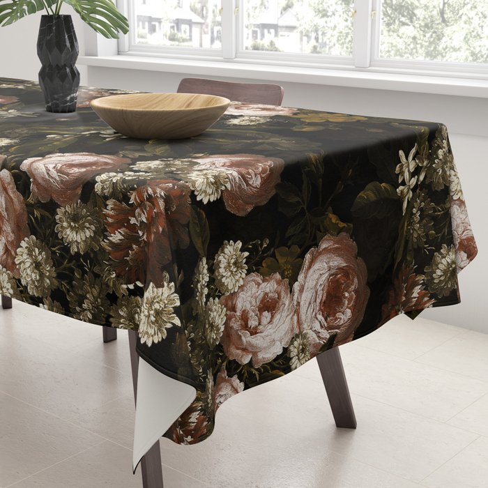 Antique Botanical Roses And Chamomile Midnight Sepia Garden Tablecloth Gallery Image 3