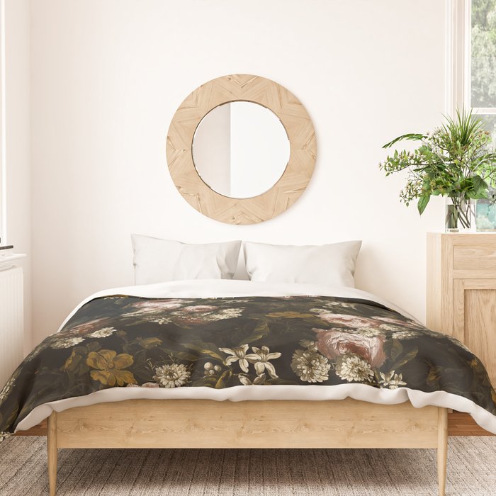 Antique Botanical Roses And Chamomile Midnight Sepia Garden Duvet Cover Gallery Image 3